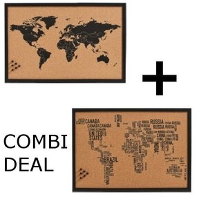 Kurk prikbord - wereldkaart - zwarte zeefdruk - 60 x 40 cm - COMBIDEAL