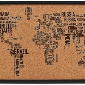 Kurk prikbord - wereldkaart - zwarte zeefdruk - 60 x 40 cm - LETTERKAART