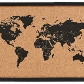Kurk prikbord - wereldkaart - zwarte zeefdruk - 60 x 40 cm