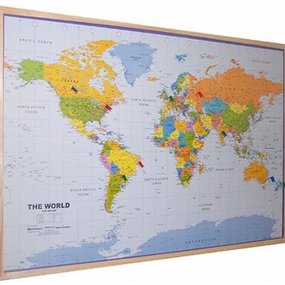 kurk prikbord wereldkaart - houten lijst - 60 x 90 cm