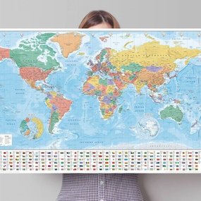 Kurk prikbord wereldkaart met vlaggen - 60 x 90 cm - 9mm multiplex & 6mm kurk