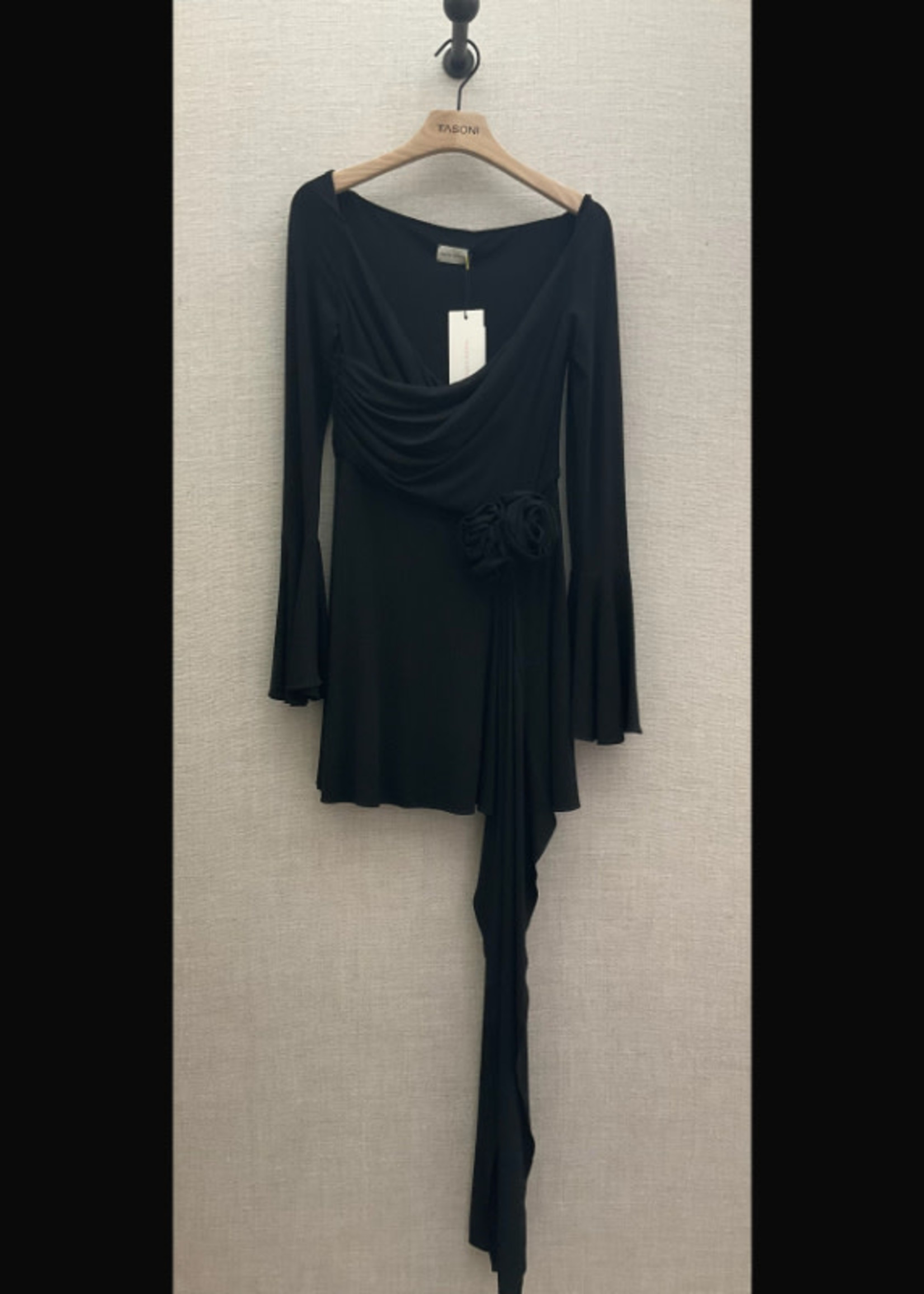 Magda Butrym Magda Butrym Dress, Black, Off Shoulder Bell Sleeve Jersey Mini Dress in Black w/ Rose Detail