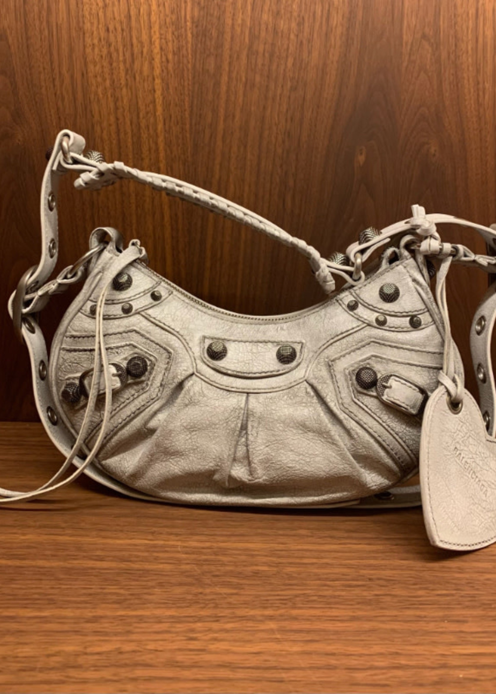 Balenciaga Balenciaga Shoulder Bag, Grey, Le Cagole Arena Lambskin XS Dirty Effect Bag in Optic White