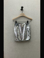 Nensi Dojaka Nensi Dojaka Skirt, Silver, Sequined Mini Skirt in Metallic Silver w/ Hip Heart Detail