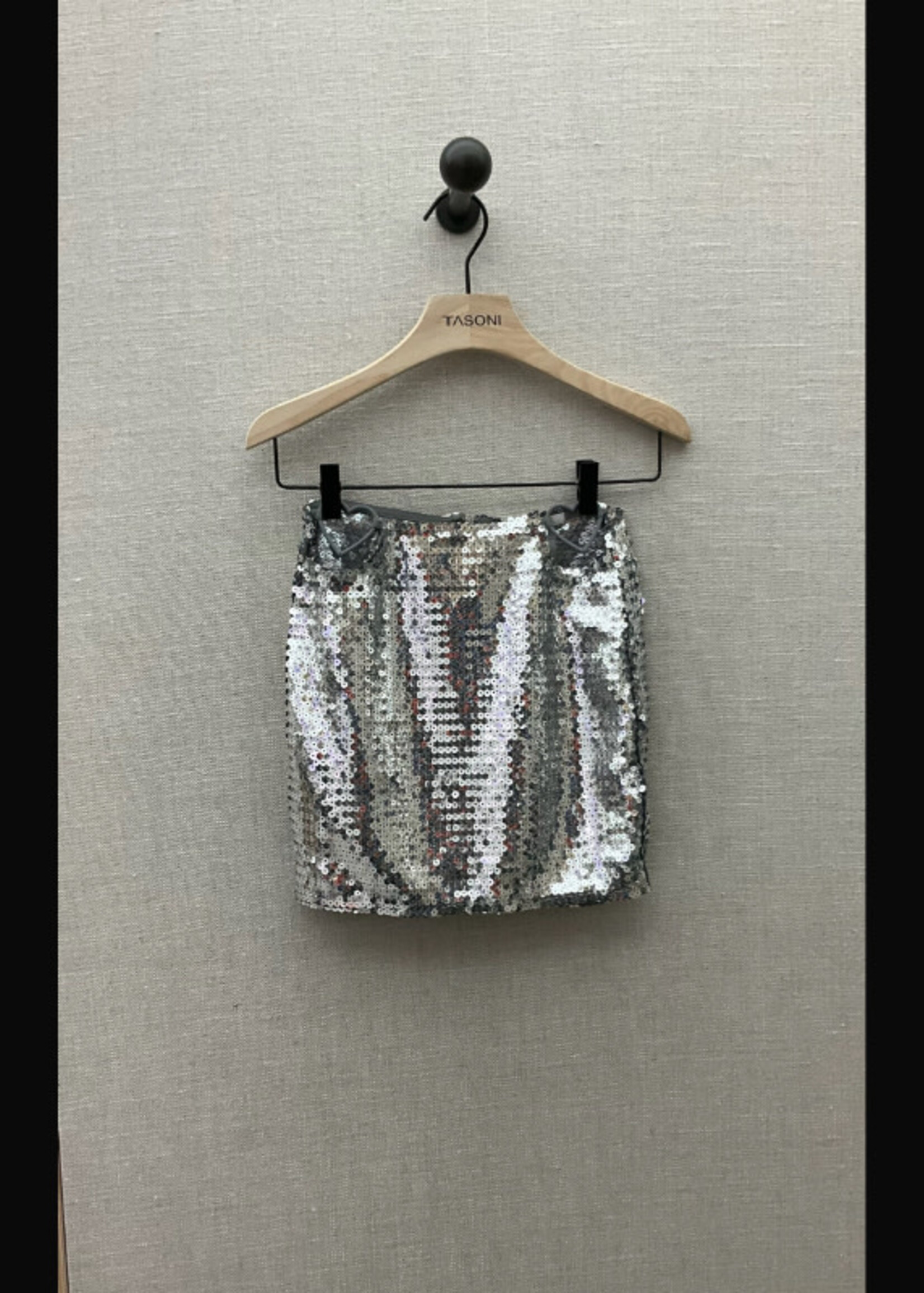 Nensi Dojaka Nensi Dojaka Skirt, Silver, Sequined Mini Skirt in Metallic Silver w/ Hip Heart Detail