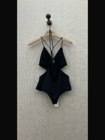 Nensi Dojaka Nensi Dojaka Swimwear, Black, One Piece Cut Out Draped Swimsuit w/ Metal Ring
