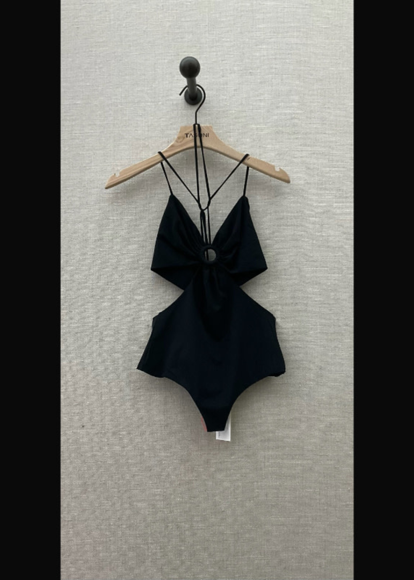 Nensi Dojaka Nensi Dojaka Swimwear, Black, One Piece Cut Out Draped Swimsuit w/ Metal Ring