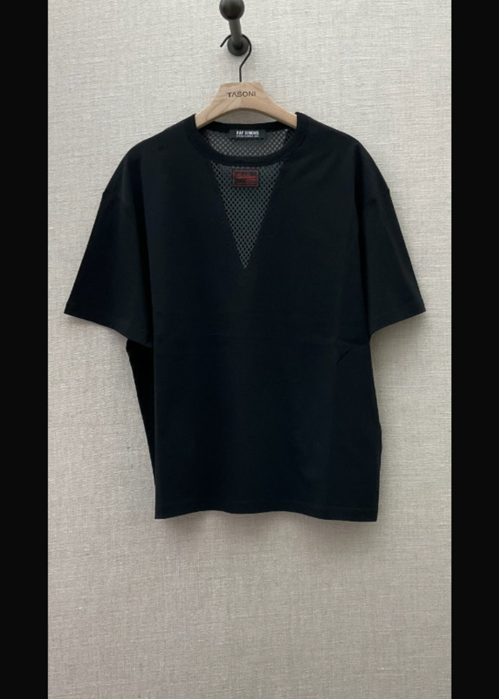 Raf Simons Raf Simons T-shirt, Black, Cotton Crew Neck Short Sleeve T-Shirt in Black Dark Grey w/ Net V-Neck