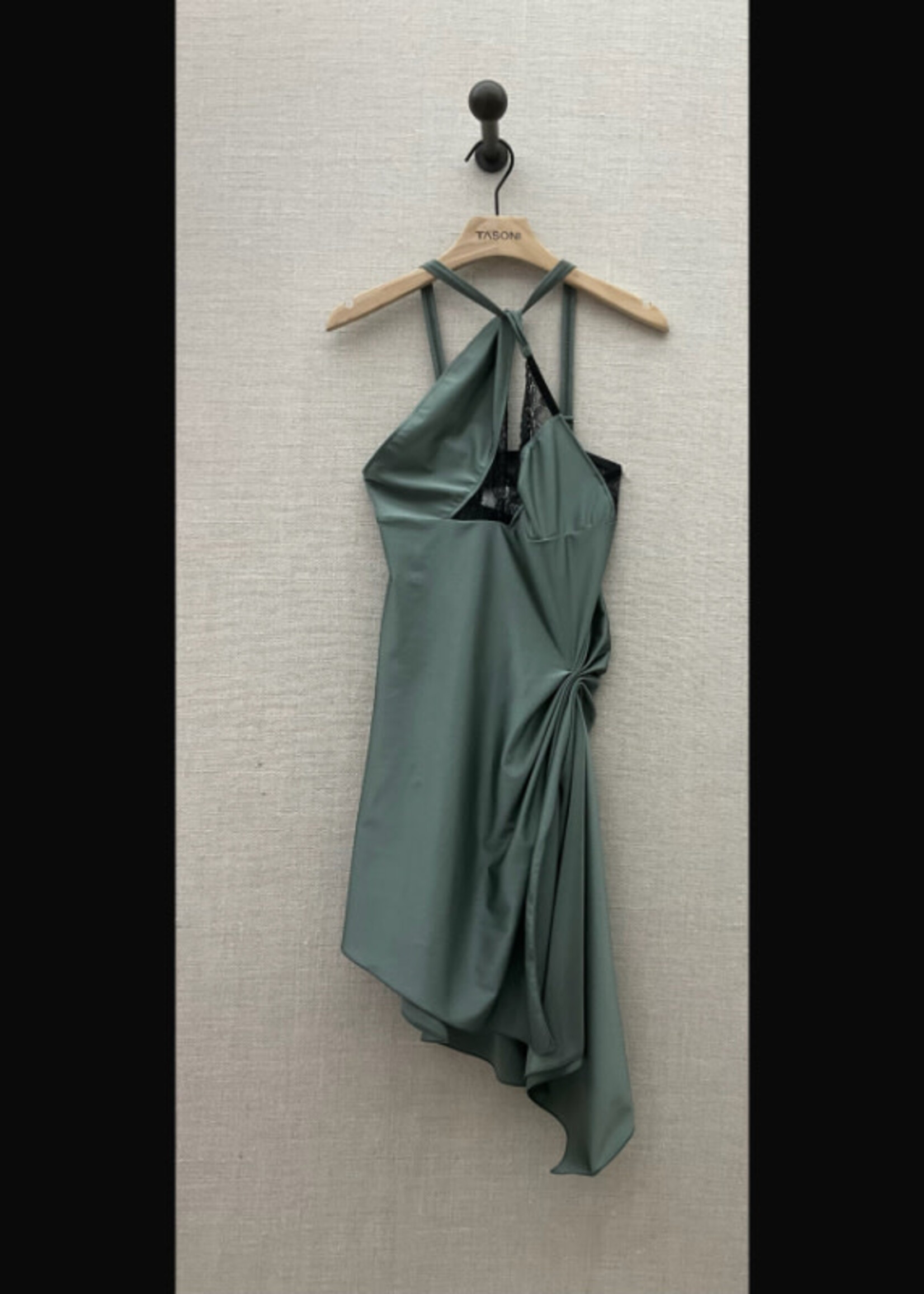 Coperni Coperni Dress, Green, Slim Fit One Shoulder Asymmetric Mini Dress In Sage w/ Lace Details