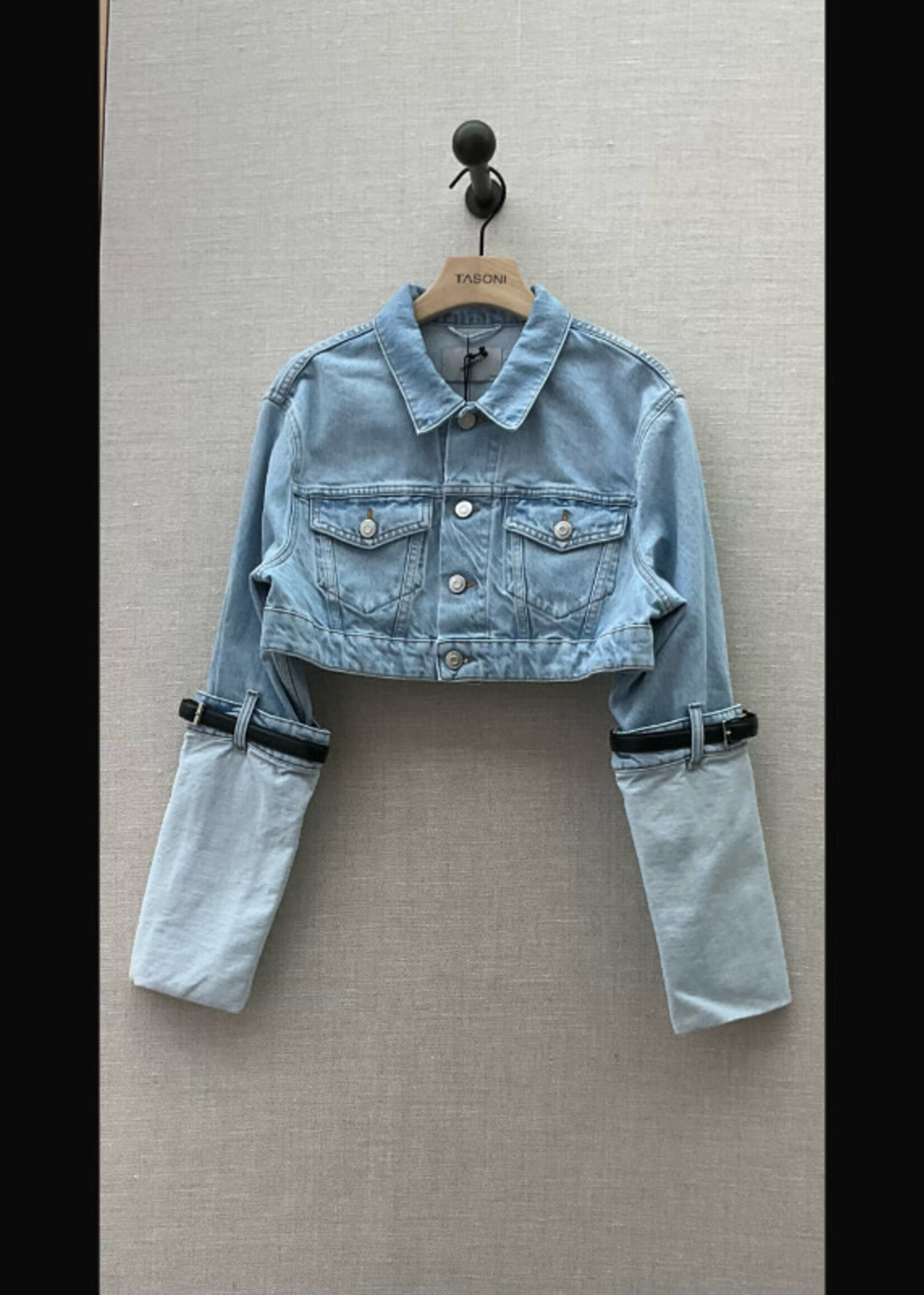 Coperni Coperni Jacket, Blue, Cotton Cropped Collared Button Up Hybrid Denim Jacket In Ice Blue w/ Chest Pockets