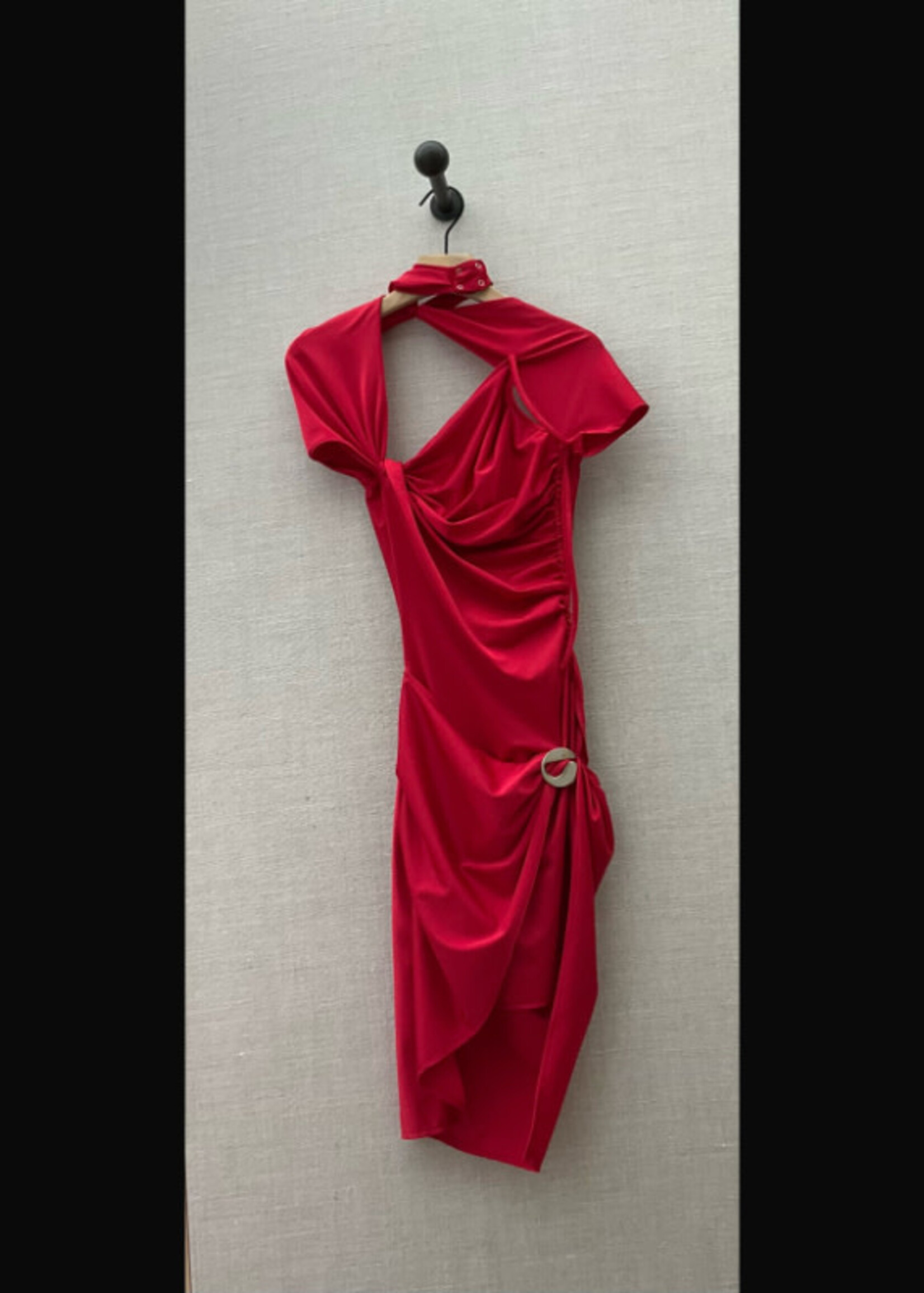 Coperni Coperni Dress, Red, Short Sleeve Asymmetric Draped Jersey Mini Dress In Lipstick Red w/ Cut Out Neckline