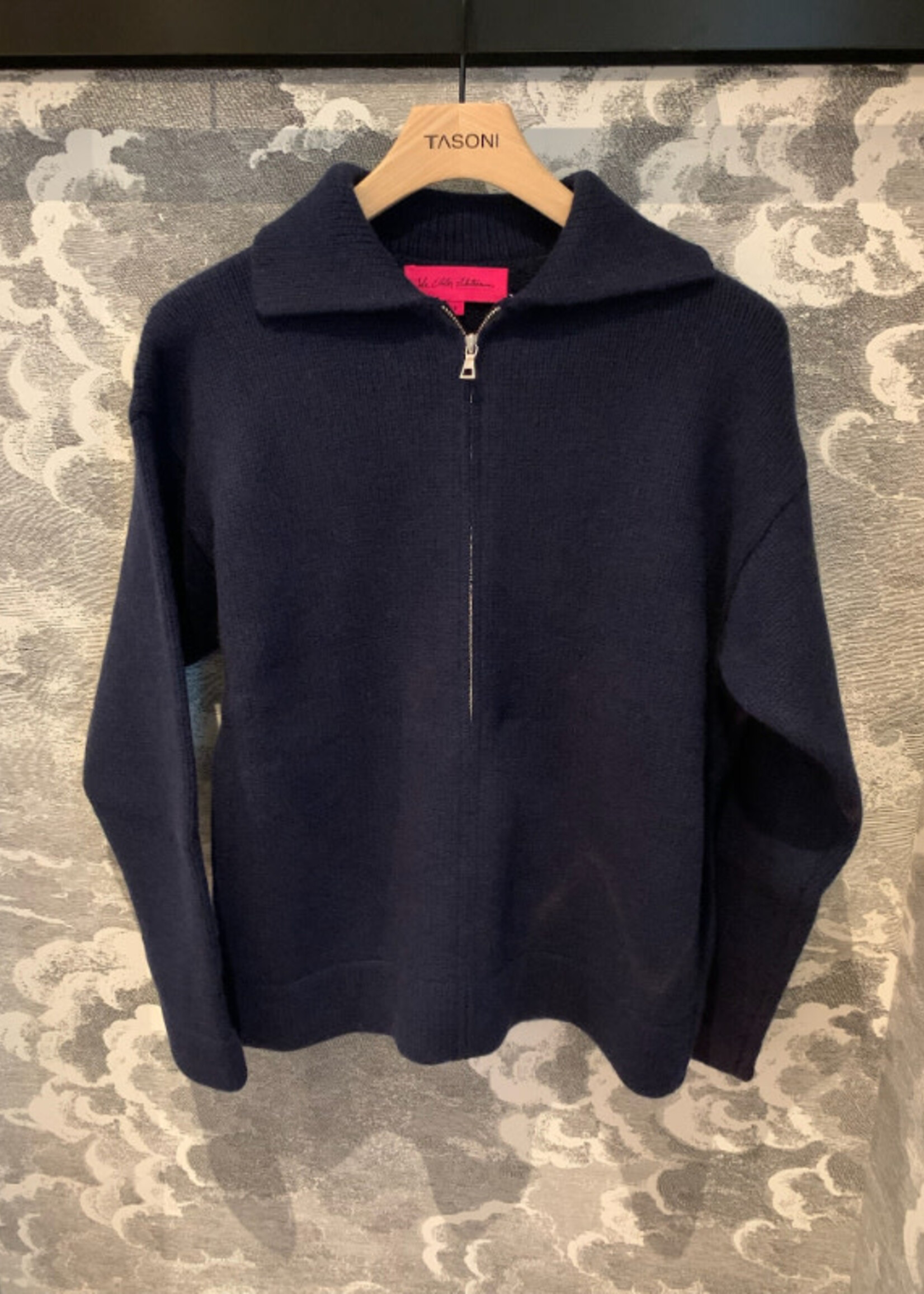 The Elder Statesman The Elder Statesman Knitwear, Navy, Cashmere High Neck Plait Zip Jacket in Navy Blue