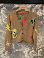 The Elder Statesman The Elder Statesman Knitwear, Multi, Cashmere V-Neck Button Up Cropped Cardigan in Camel w/ Fantastical Print