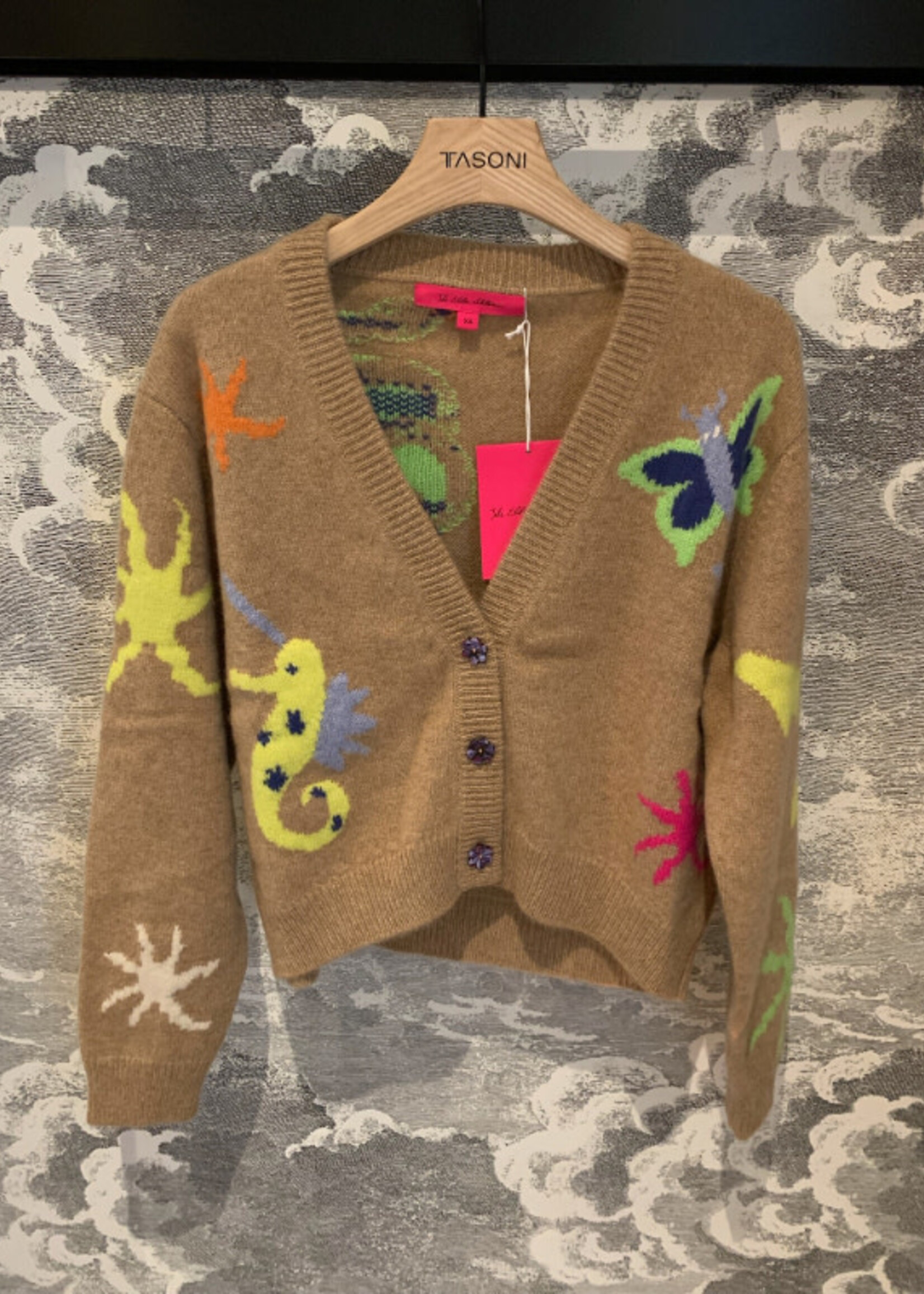 The Elder Statesman The Elder Statesman Knitwear, Multi, Cashmere V-Neck Button Up Cropped Cardigan in Camel w/ Fantastical Print