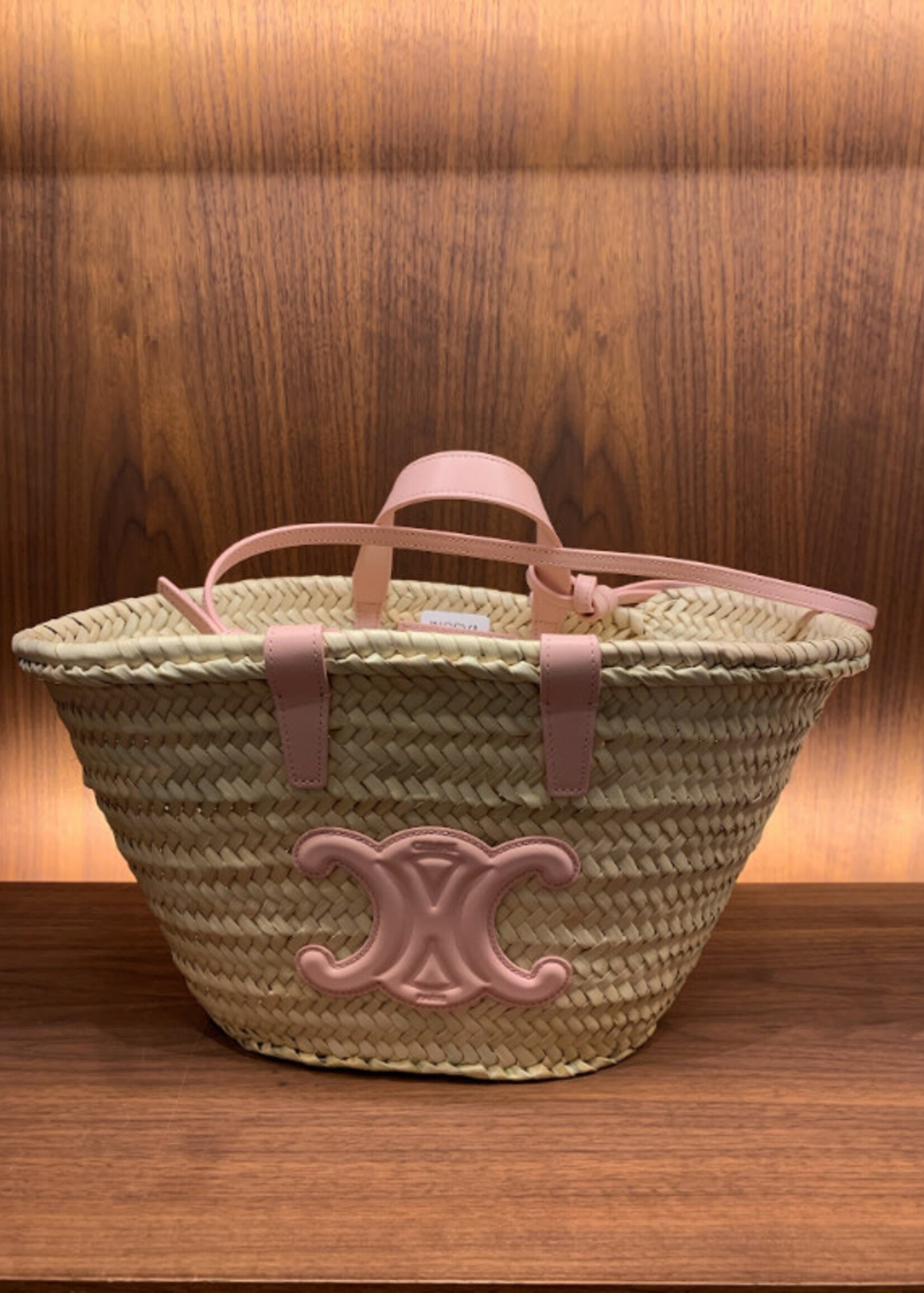 Celine Celine Shoulder Bag, Multi, Classic Teen Triomphe Palm Leaves Basket Bag in Beige & Pink w/ Logo