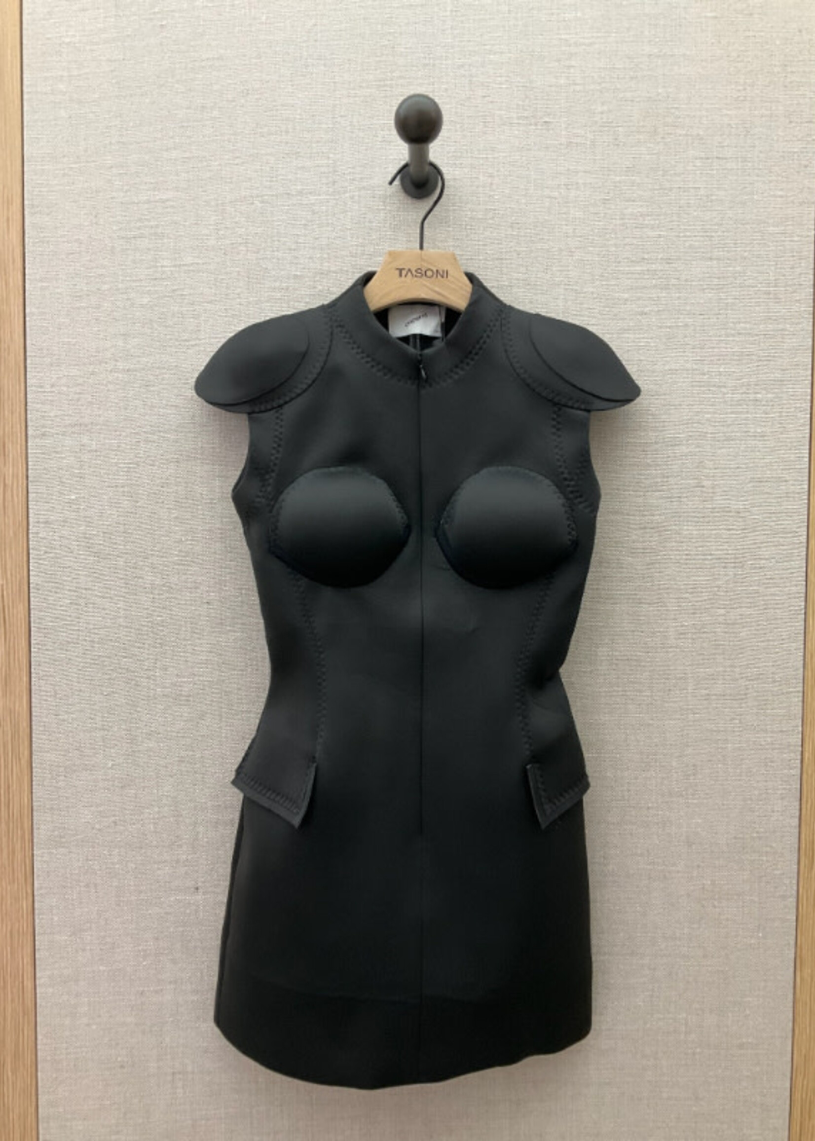 Coperni Coperni Dress, Black, Neoprene Sleeveless Cup Mini Zip Up Dress w/ Flap Pockets