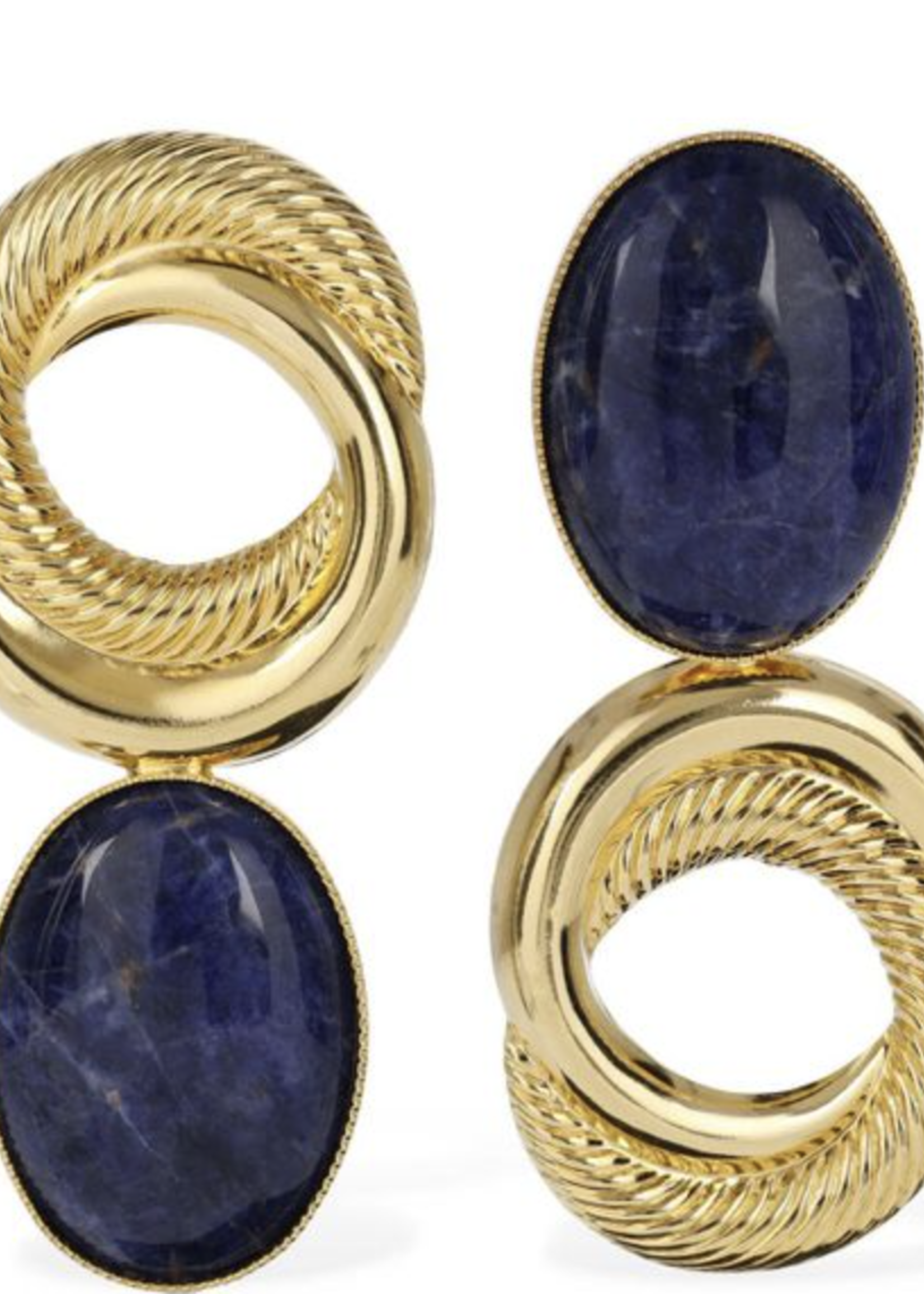 Destree Destree Earrings, Blue, Sonia Gold Pleated 24K Circle Stone Clips Earrings In Dark Blue w/ Sodalites