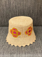 Destree Destree Hat, Multi, Bob Raphia Bucket Hat In Fuchsia & Beige w/ Flowers
