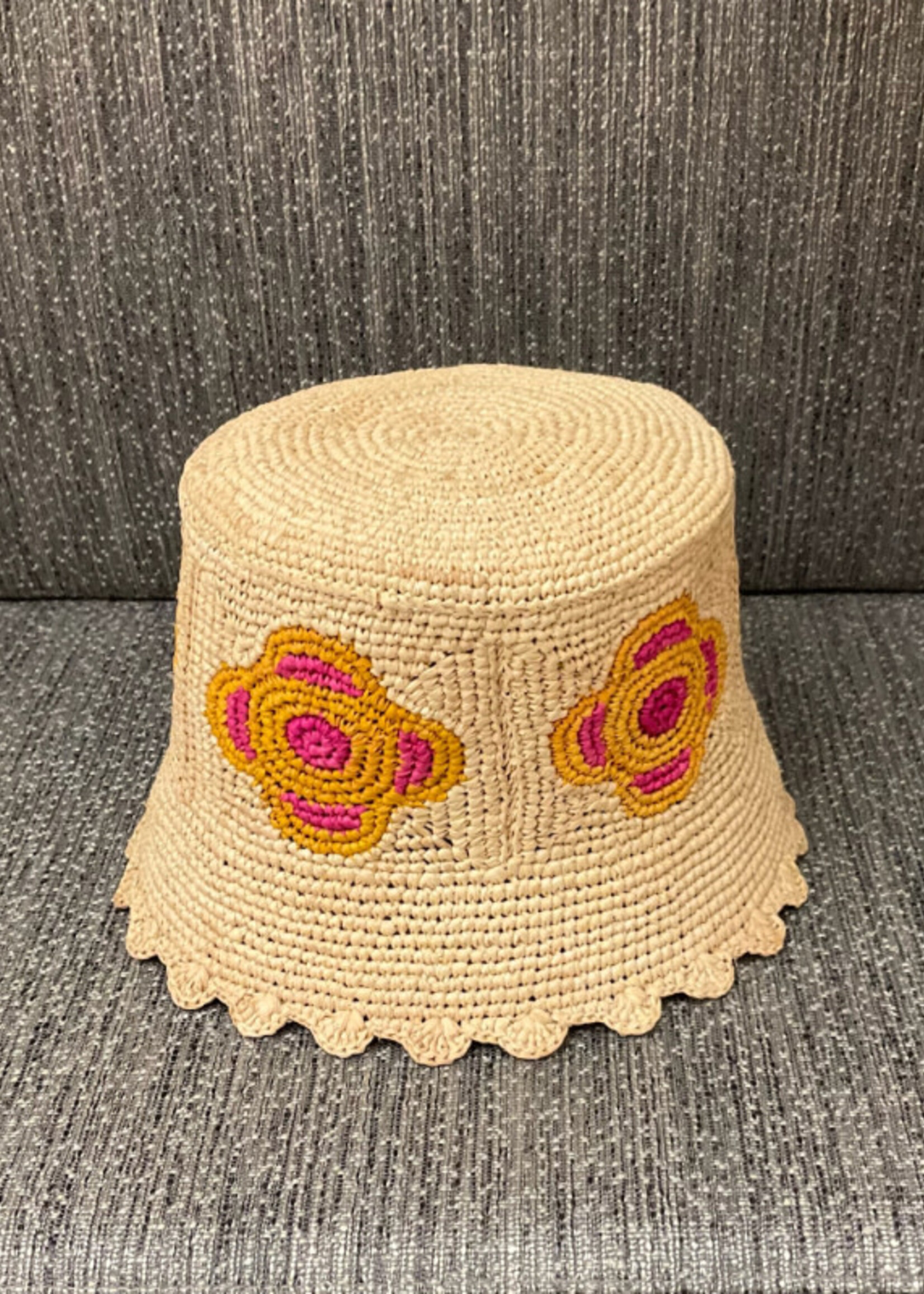 Destree Destree Hat, Multi, Bob Raphia Bucket Hat In Fuchsia & Beige w/ Flowers