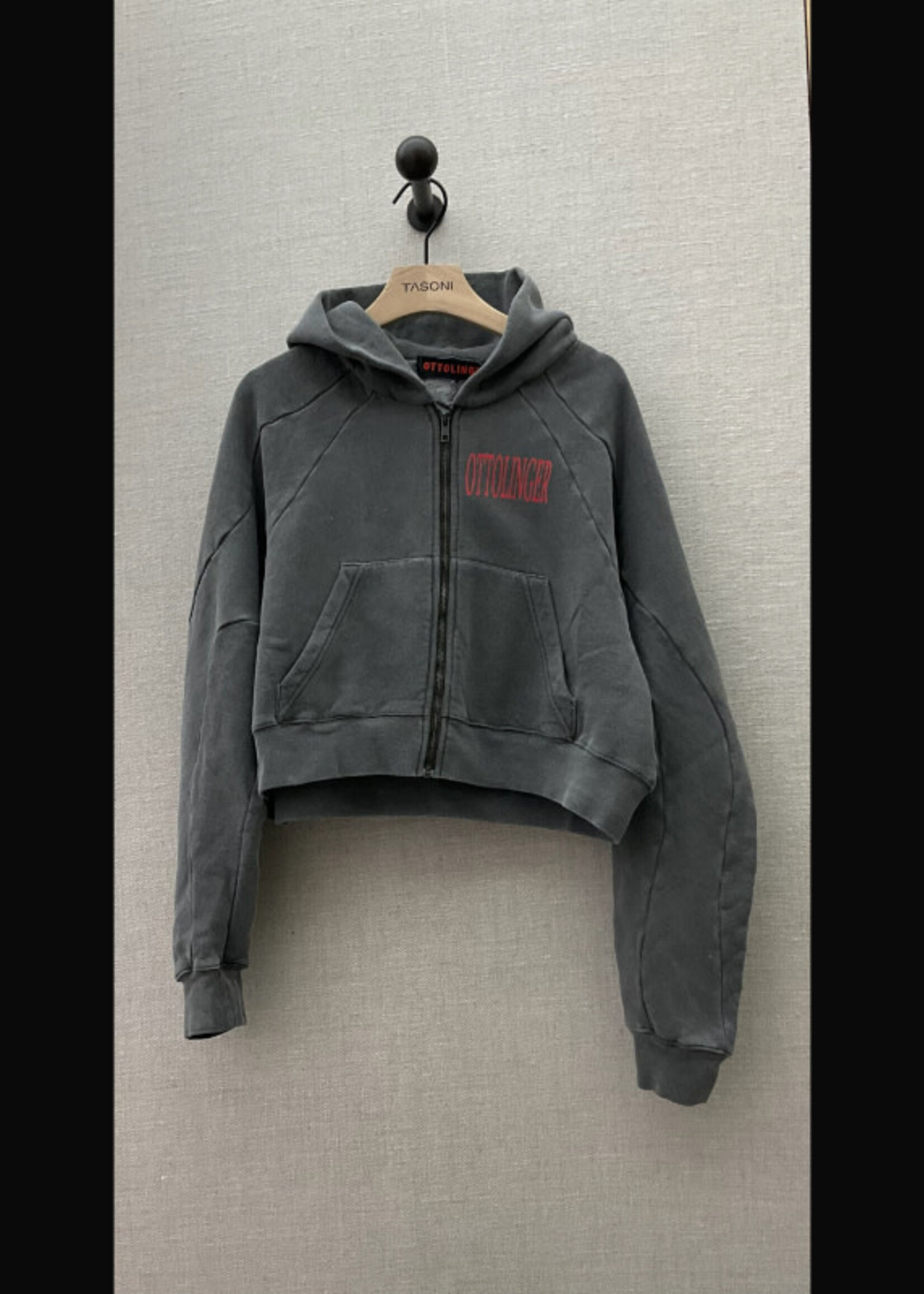 Ottolinger Ottolinger Sweater, Grey, Cotton Knitted Multiline Zip Up Hoodie In Dark Grey w/ Red Logo Print