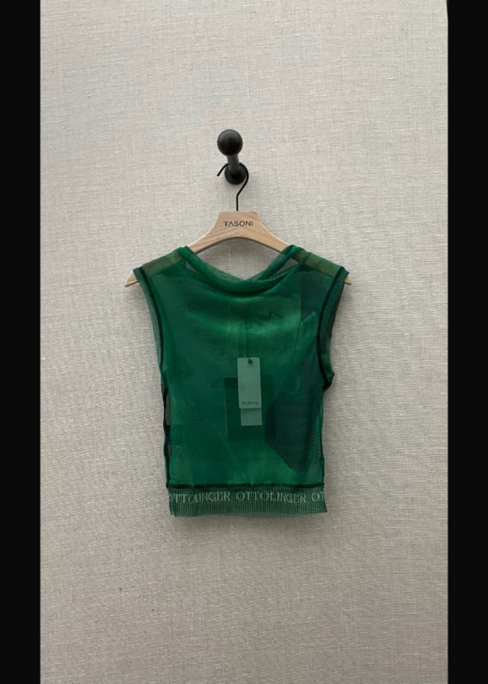 Ottolinger Ottolinger Top, Print, Ottolinger x Brook Hsu Knitted Mesh Cowl Neck Sleeveless Top in Green w/ Brook Print