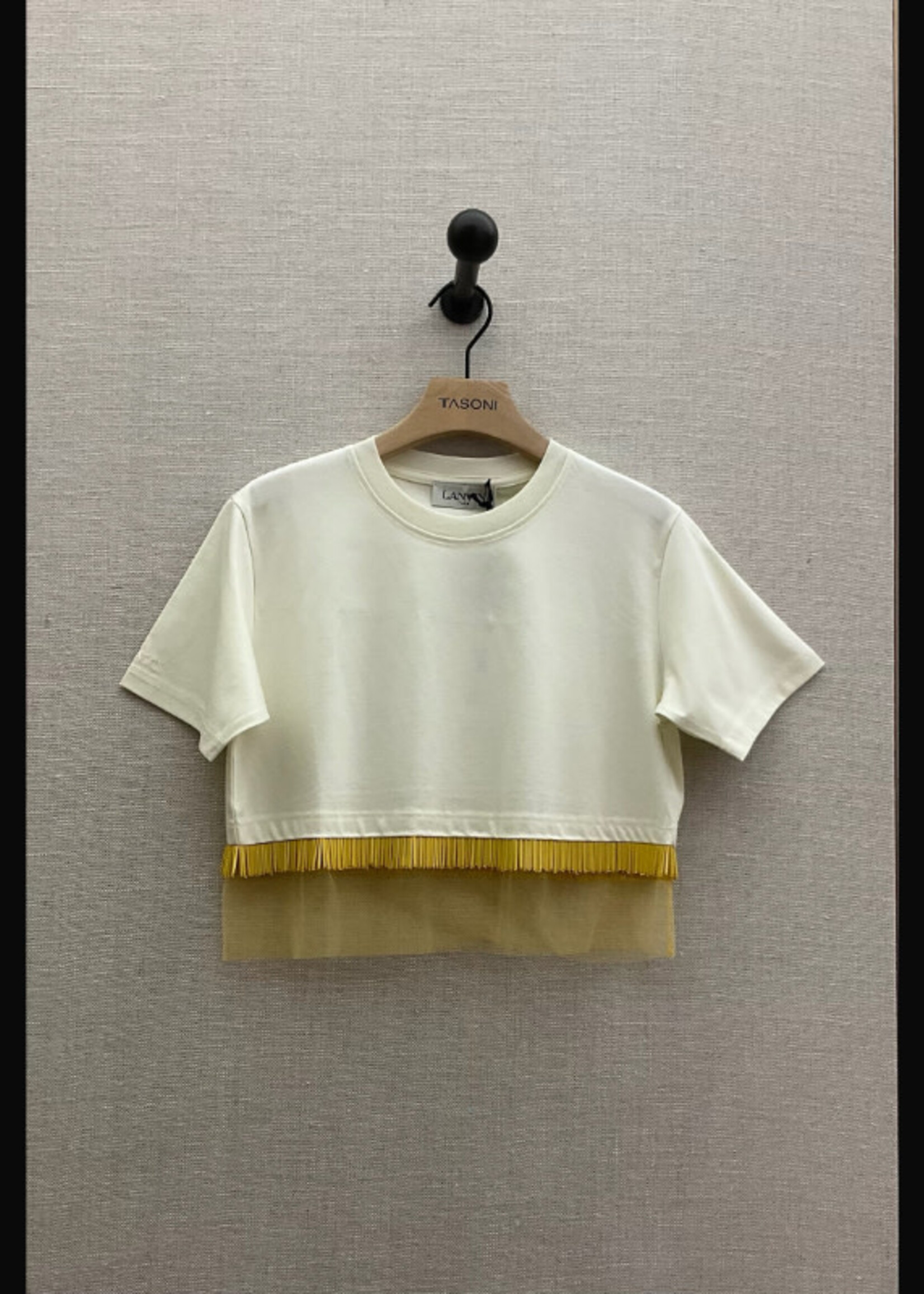 Lanvin Lanvin T-Shirt, White, Crew Neck Short Sleeve Cropped Tee-Shirt In Milk w/ Yellow Embroidery