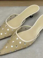 Khaite Khaite Heels, Beige, Minna Airy Mesh Pointy Mules In Nude w/ Swarovski Crystals