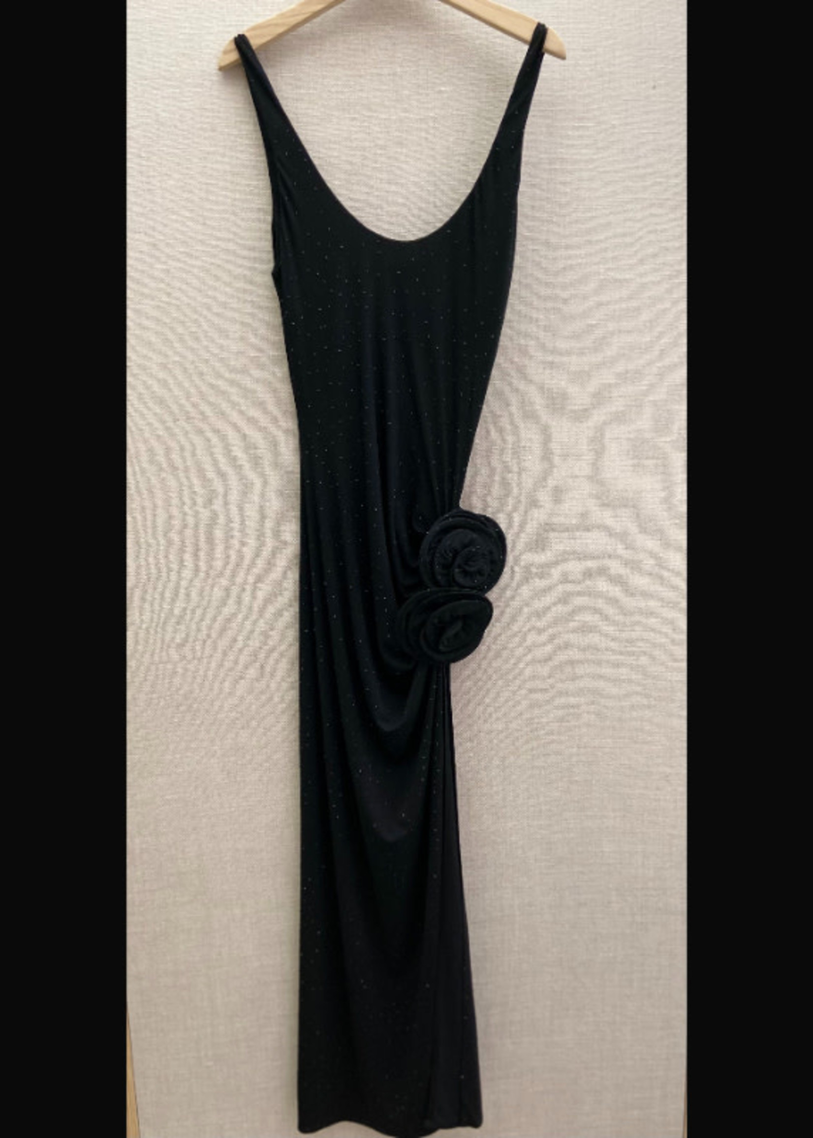 Magda Butrym Magda Butrym Dress, Black, Crystal Jersey Scoop Neck Slim Fit Midi Dress w/ Flower Application & Side Slit