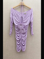 Magda Butrym Magda Butrym Dress, Purple, Off Shoulder Ruched Long Sleeve Mini Dress in Lilac w/ Flower Application & Criss Cross Neckline