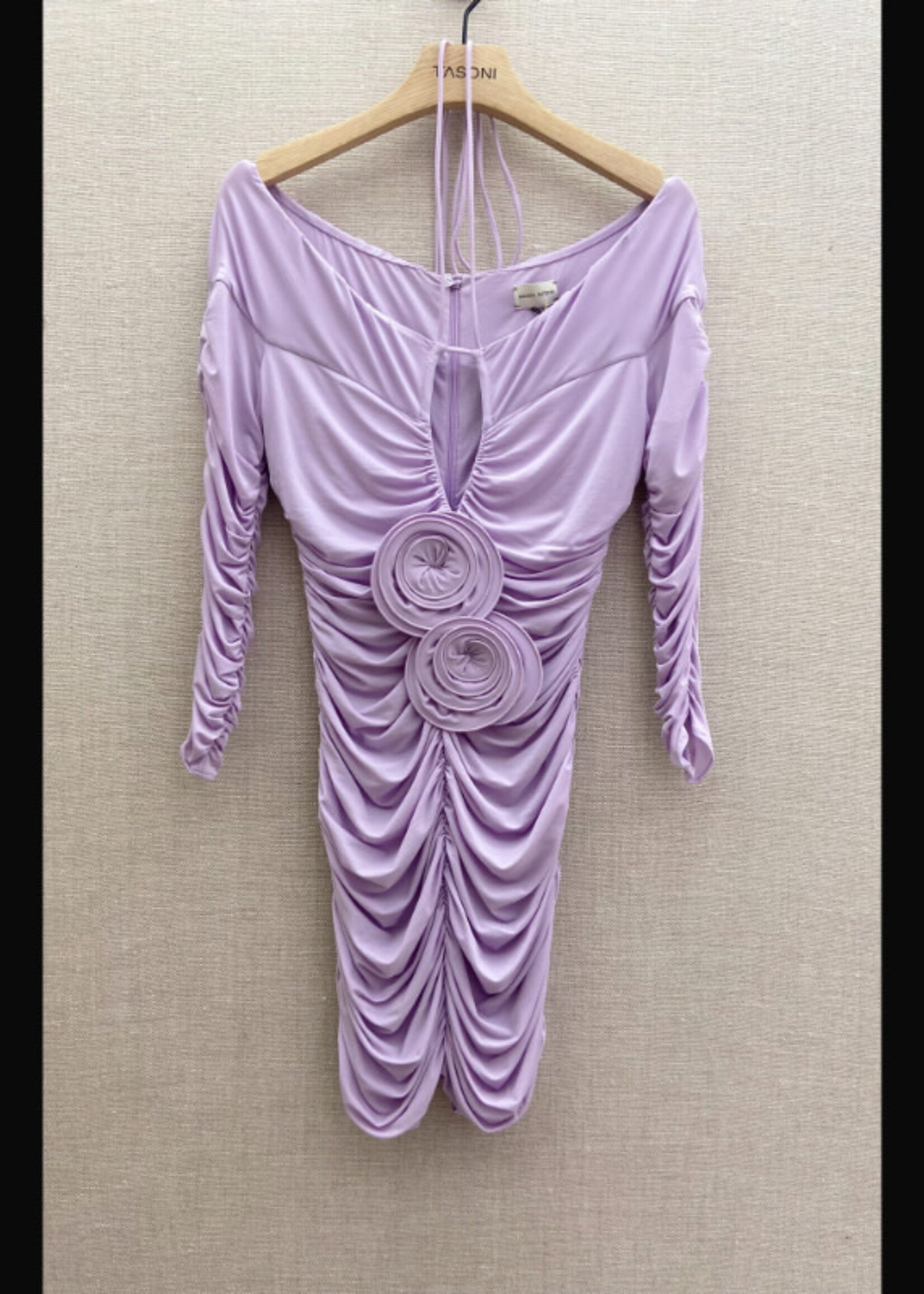 Magda Butrym Magda Butrym Dress, Purple, Off Shoulder Ruched Long Sleeve Mini Dress in Lilac w/ Flower Application & Criss Cross Neckline