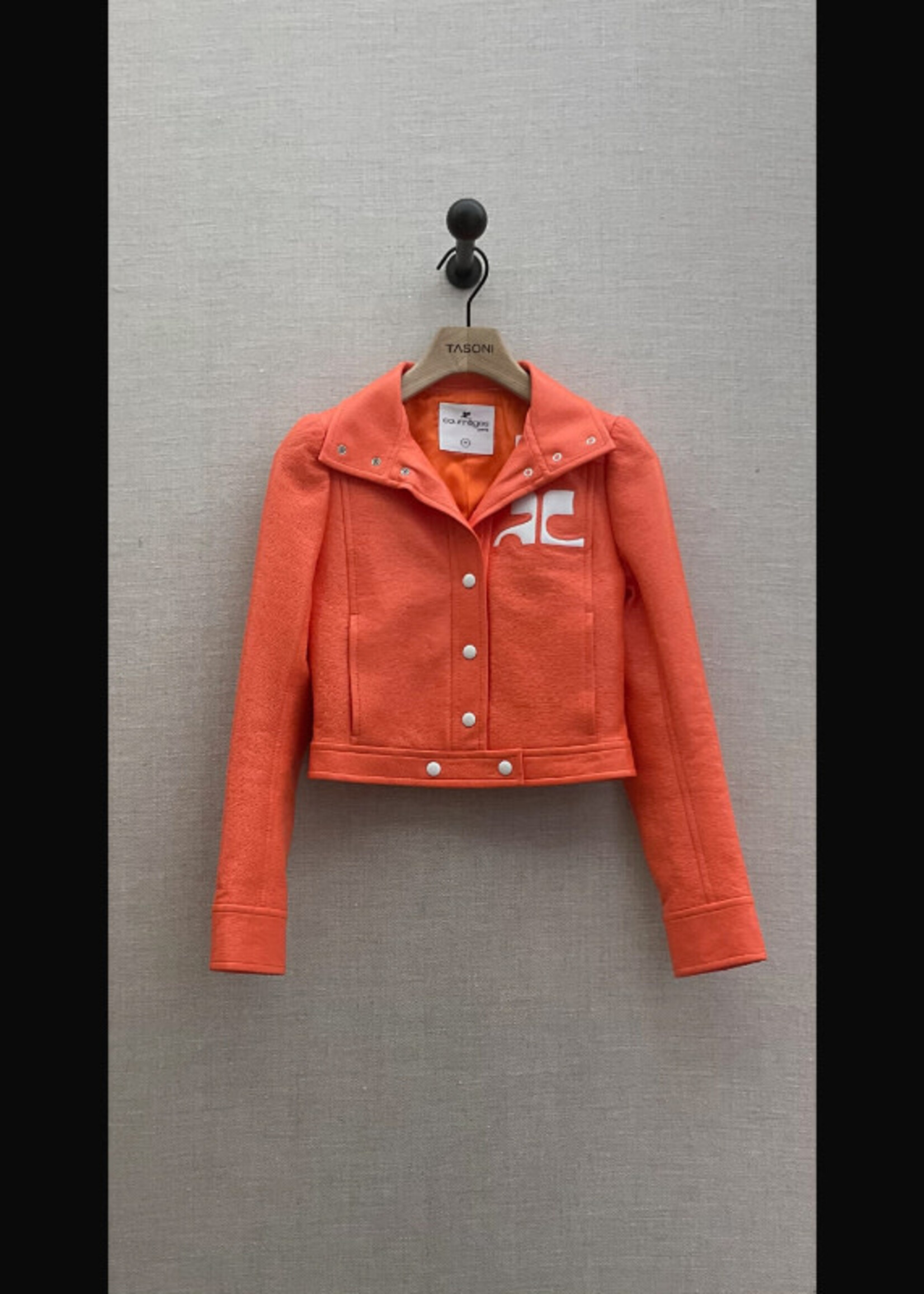 Courreges Courreges Jacket, Orange, Vinyl High Neck Cropped Reedition Iconic Jacket in Sunset w/ Logo Patch