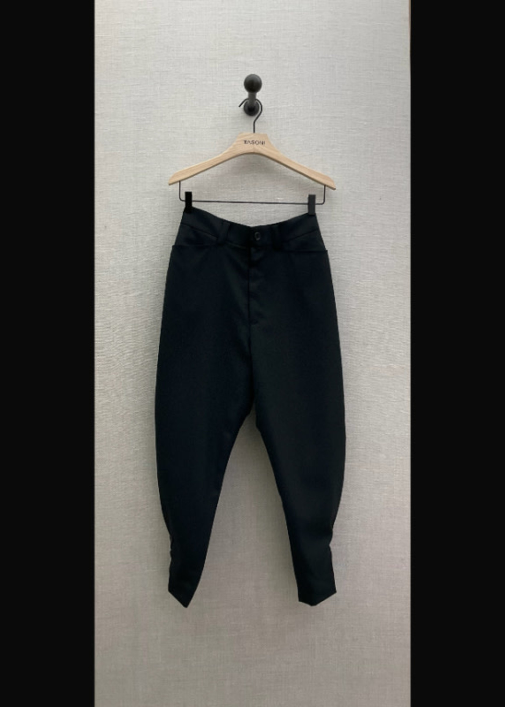 Noir Kei Ninomiya Noir Kei Ninomiya Trousers, Black, Wool Carrot Fit High Waisted Pants w/ Buttons Detail