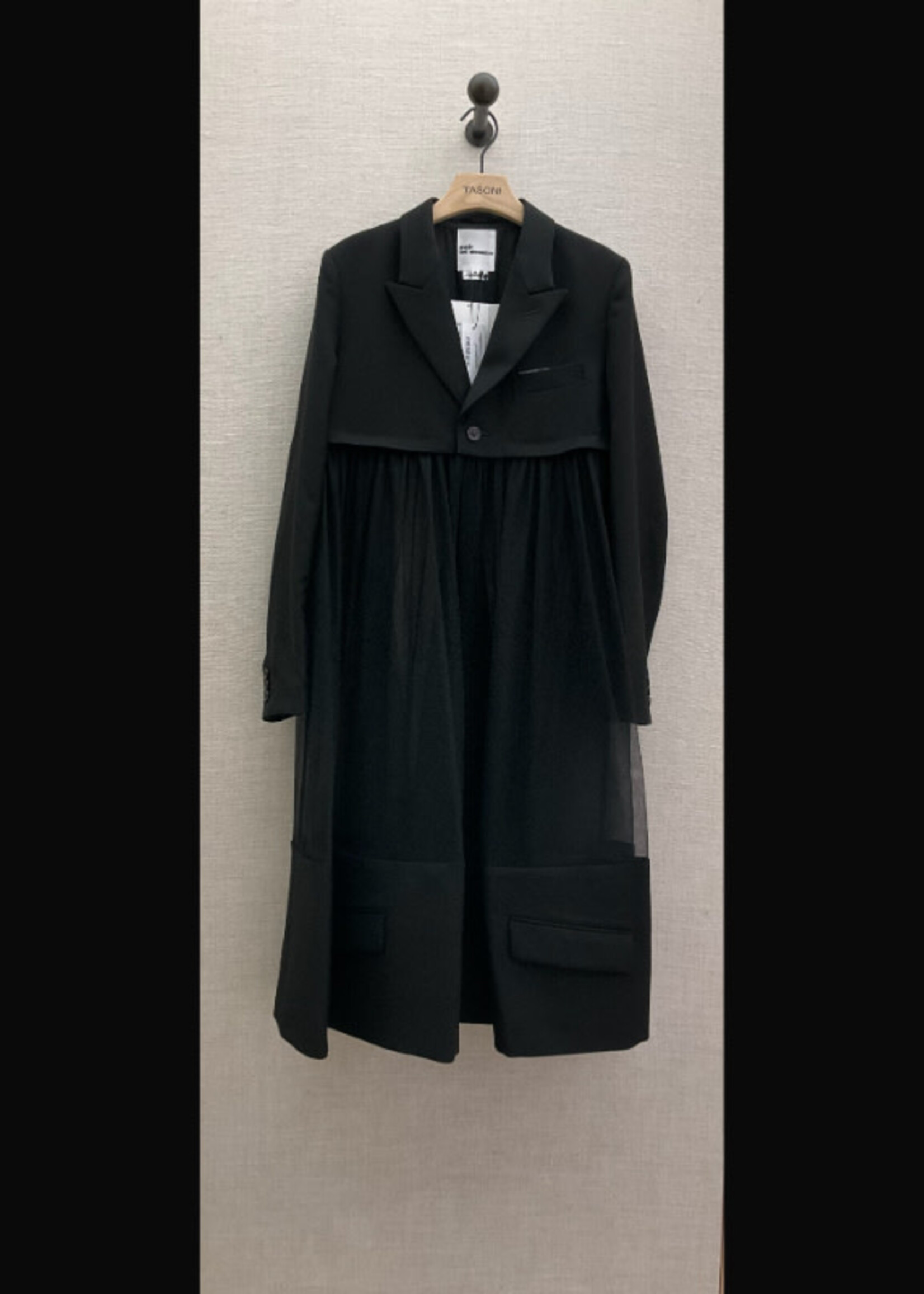 Noir Kei Ninomiya Noir Kei Ninomiya Jacket, Black, Wool Mix Collared Button Up Gathered Tulle Coat
