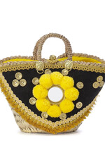 Muzungu Sisters Muzungu Sisters Bag, Print, Sicilian Pom Pom Raffia Basket in Yellow Fringe w/ Mirror