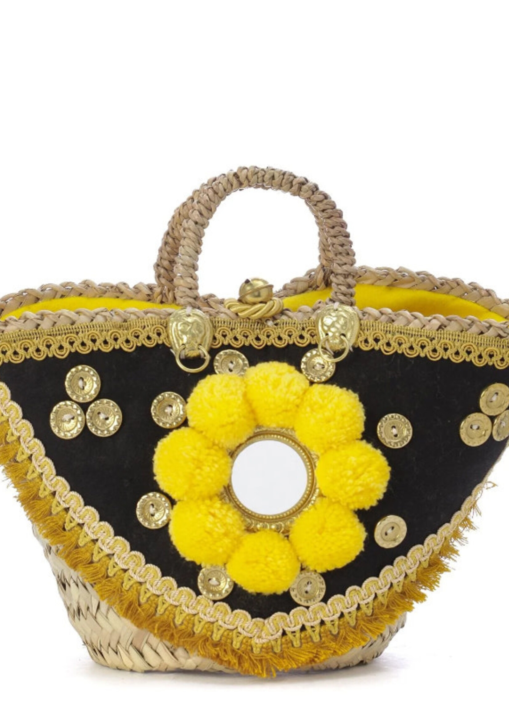 Muzungu Sisters Muzungu Sisters Bag, Print, Sicilian Pom Pom Raffia Basket in Yellow Fringe w/ Mirror