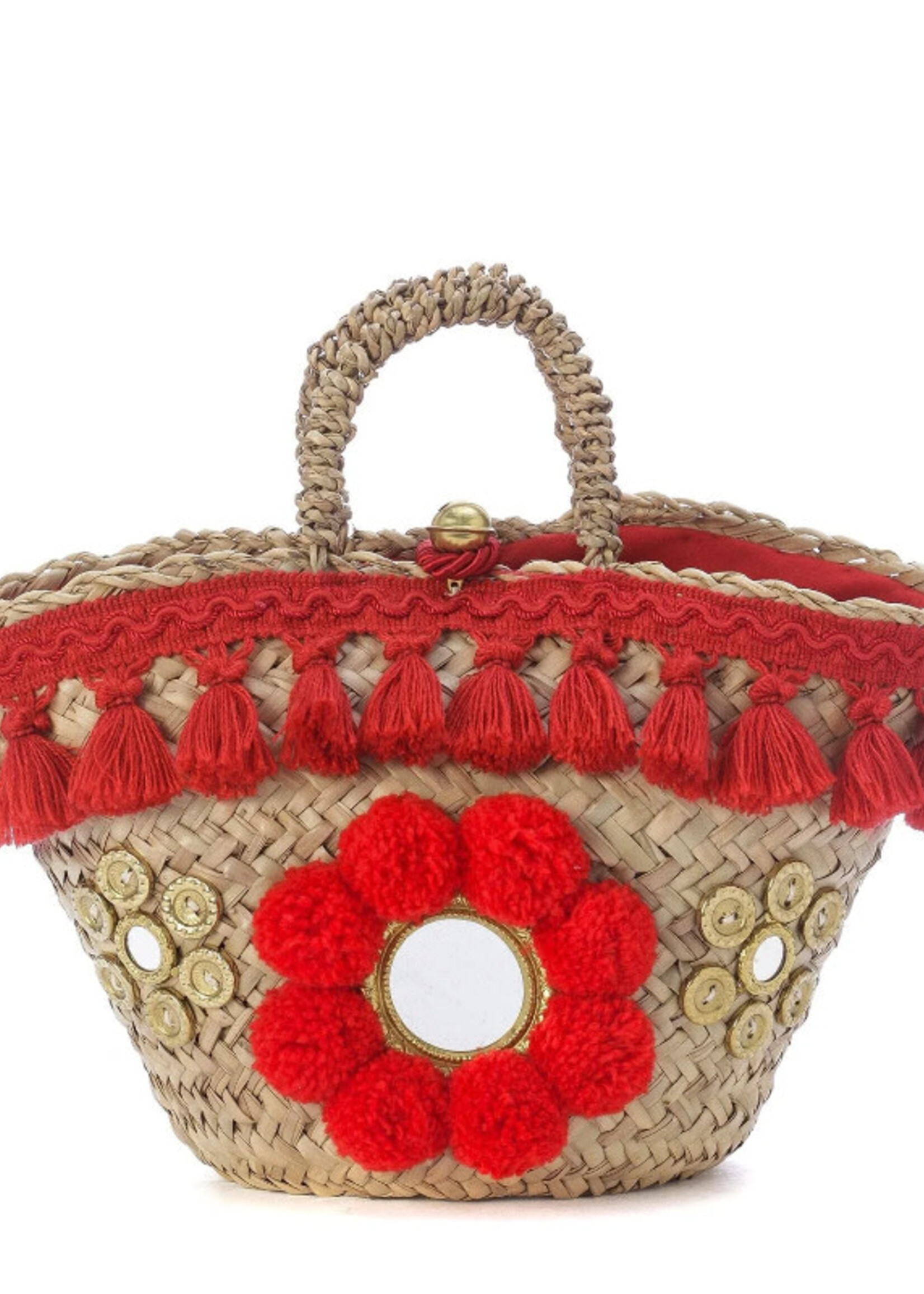 Muzungu Sisters Muzungu Sisters Bag, Print, Sicilian Pom Pom Raffia Basket in Red Fringe w/ Mirror