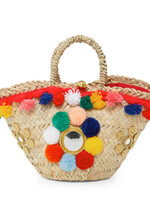 Muzungu Sisters Muzungu Sisters Bag, Print, Sicilian Pom Pom Raffia Basket in Multi Colours w/ Mirror