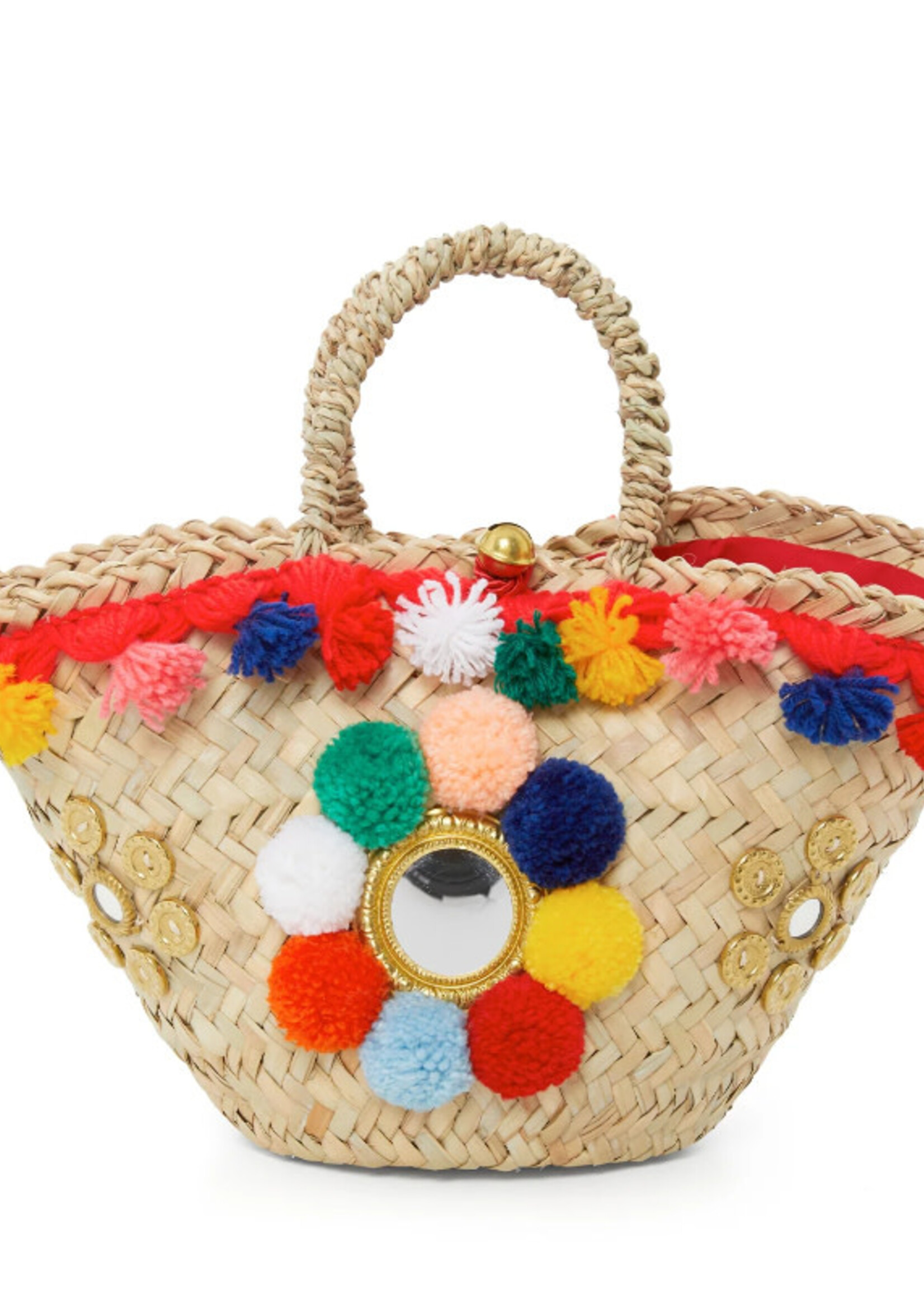 Muzungu Sisters Muzungu Sisters Bag, Print, Sicilian Pom Pom Raffia Basket in Multi Colours w/ Mirror