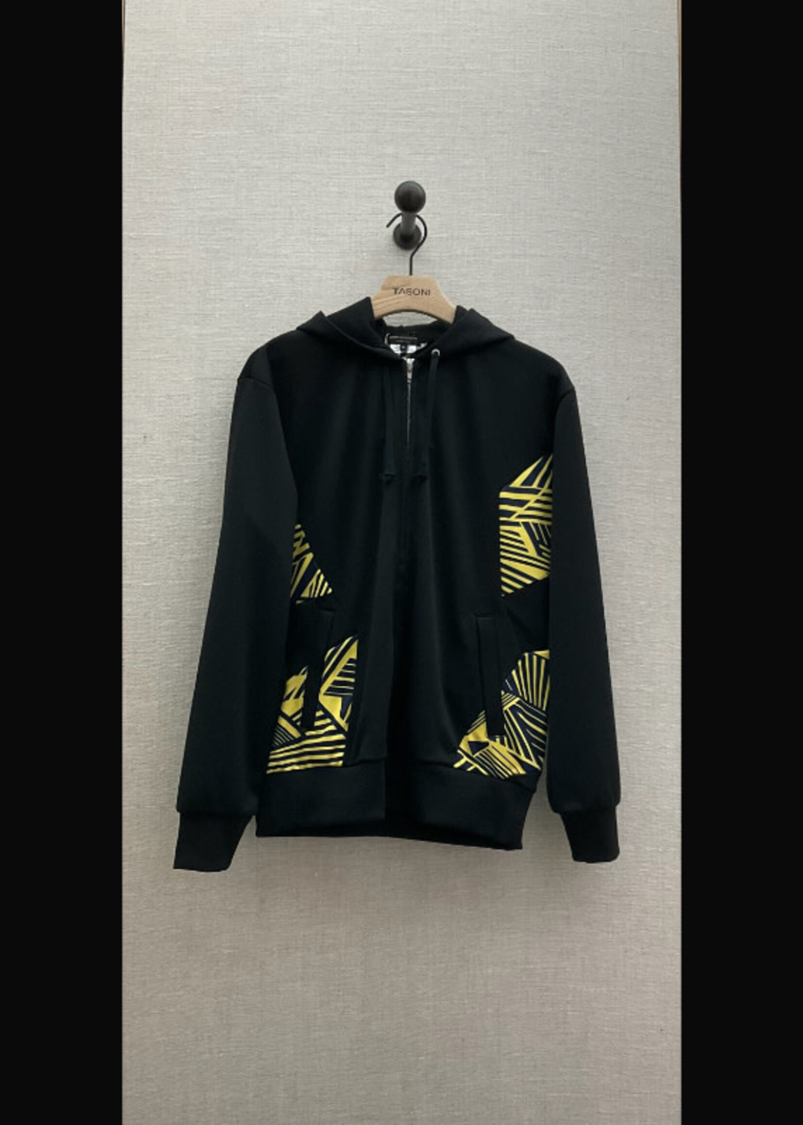 Comme des Garcons Homme Plus Comme des Garcons Homme Plus Sweater, Print, Zipped Up Hoodie in Black w/ Yellow & Navy Geometric Print