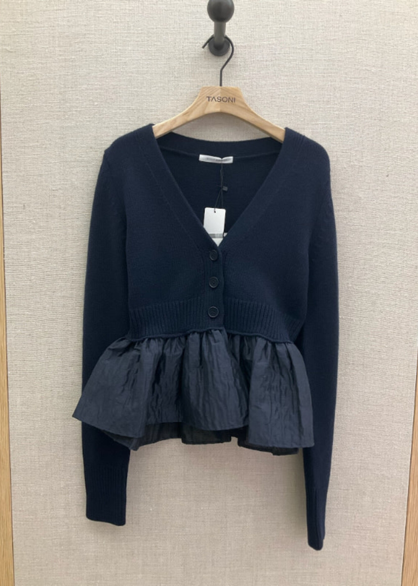 Cecilie Bahnsen Cecilie Bahnsen Knitwear, Navy, Joelle Cashmere & Wool Mix V-Neck Cropped Cardigan w/ Ruffled Waist