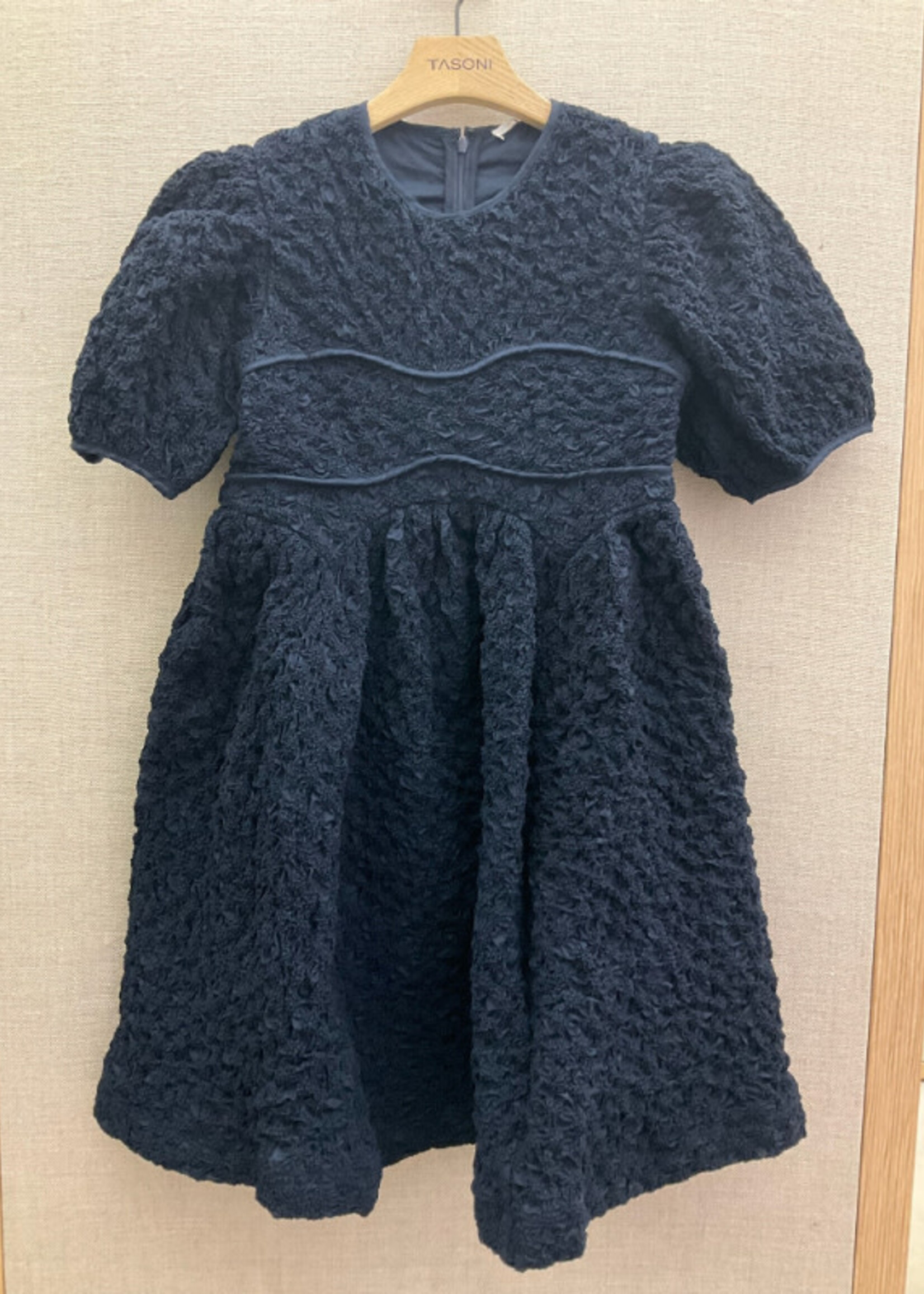 Cecilie Bahnsen Cecilie Bahnsen Dress, Navy, Simi Cotton Crew Neck Mini Dress in Blue w/ Puff Sleeves