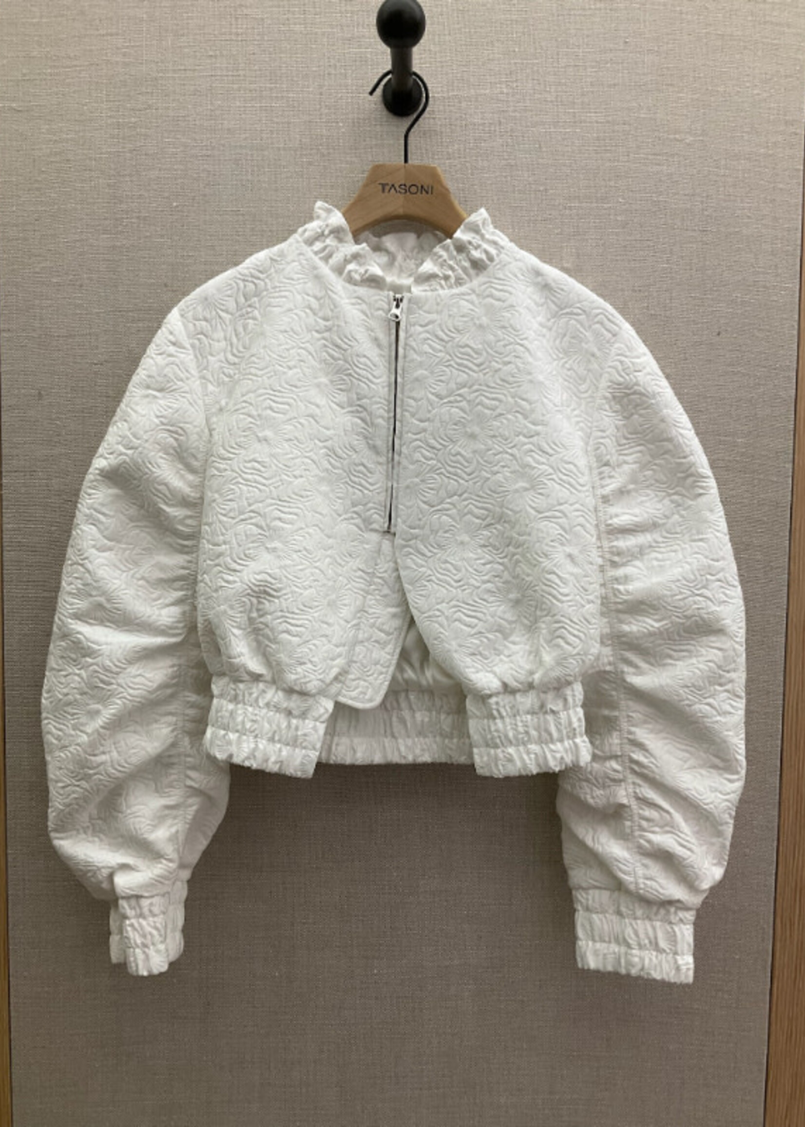 Cecilie Bahnsen Cecilie Bahnsen Jacket, White, Denice Collared Zip Up Cropped Jacquard Bomber Jacket w/ Gathered Sleeves