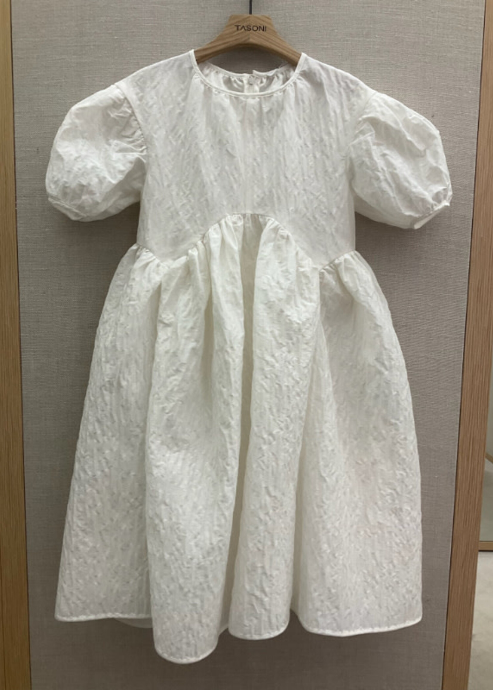 Cecilie Bahnsen Cecilie Bahnsen Dress, White, Thelma Crew Neck Short Sleeve Mini Matelassé Dress w/ Voluminous Panels