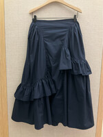 Cecilie Bahnsen Cecilie Bahnsen Skirt, Navy, Damara Cotton Asymmetric Long Skirt in Blue w/ Ruffles