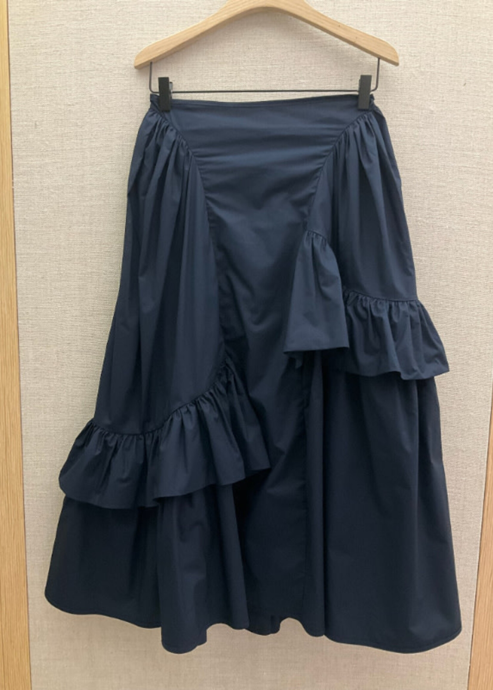 Cecilie Bahnsen Cecilie Bahnsen Skirt, Navy, Damara Cotton Asymmetric Long Skirt in Blue w/ Ruffles