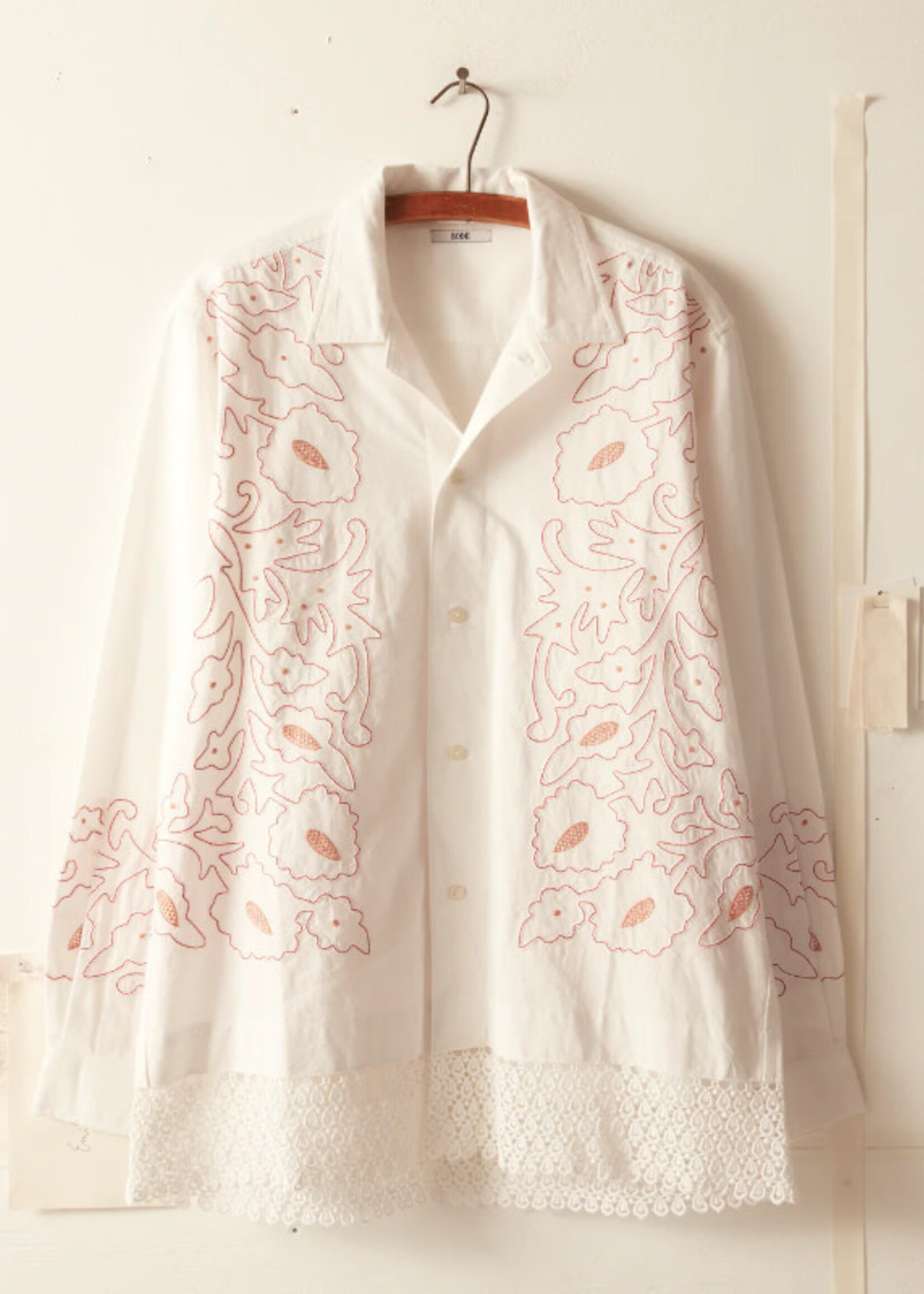 Bode Bode Shirt, Multi, Braided Couching Cotton LS  Shirt in Red & White W/ Novelty Embellishment