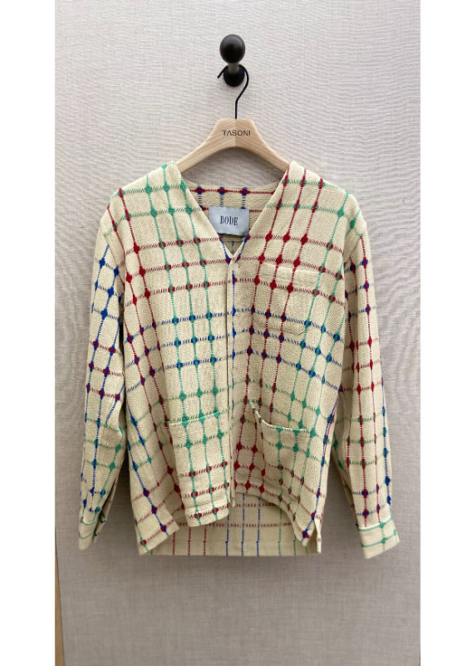 Bode Bode Jacket, Multi, Dobby Weave Cotton V-Neck Button Up Cardigan in Beige w/ Geometric Print