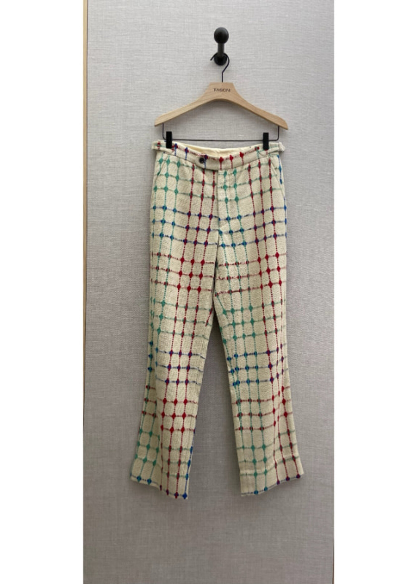 Bode Bode Trousers, Multi, Dobby Weave Cotton Mid Rise Traditional Cut Trousers in Beige w/ Geometric Print