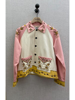 Bode Bode Jacket, Multi, Jewelled Ivy Collared Button Up Embroidered Jacket in Pink, White & Yellow