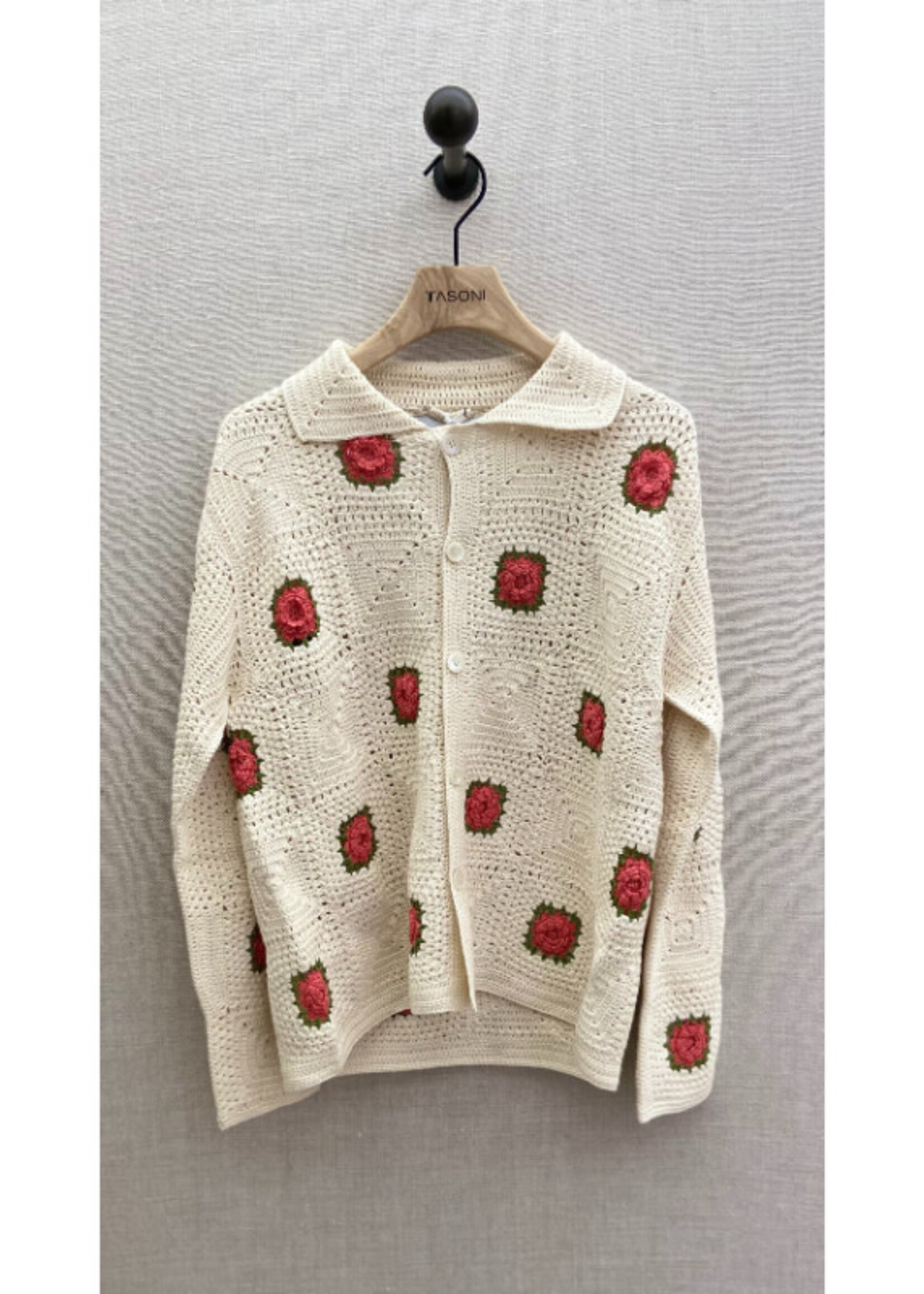 Bode Bode Knitwear, Multi, Rosette Crochet Cotton Collared Vintage Lap Blanket Button Up Shirt in White & Pink